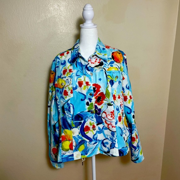 Vintage 3 Sisters Jacket 100% Cotton  Blue Colorful Textures Floral USA size XL - Picture 3 of 15